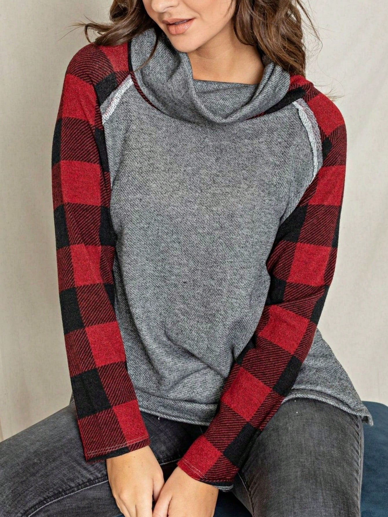 Women's Stylish Long Sleeve Knitted Fabric Top With Plaid Contrast Panel And Drawstring Detail Casual Regular Length Blouse