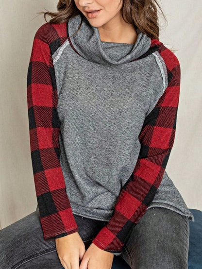 Women's Stylish Long Sleeve Knitted Fabric Top With Plaid Contrast Panel And Drawstring Detail Casual Regular Length Blouse