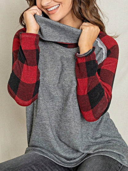 Women's Stylish Long Sleeve Knitted Fabric Top With Plaid Contrast Panel And Drawstring Detail Casual Regular Length Blouse