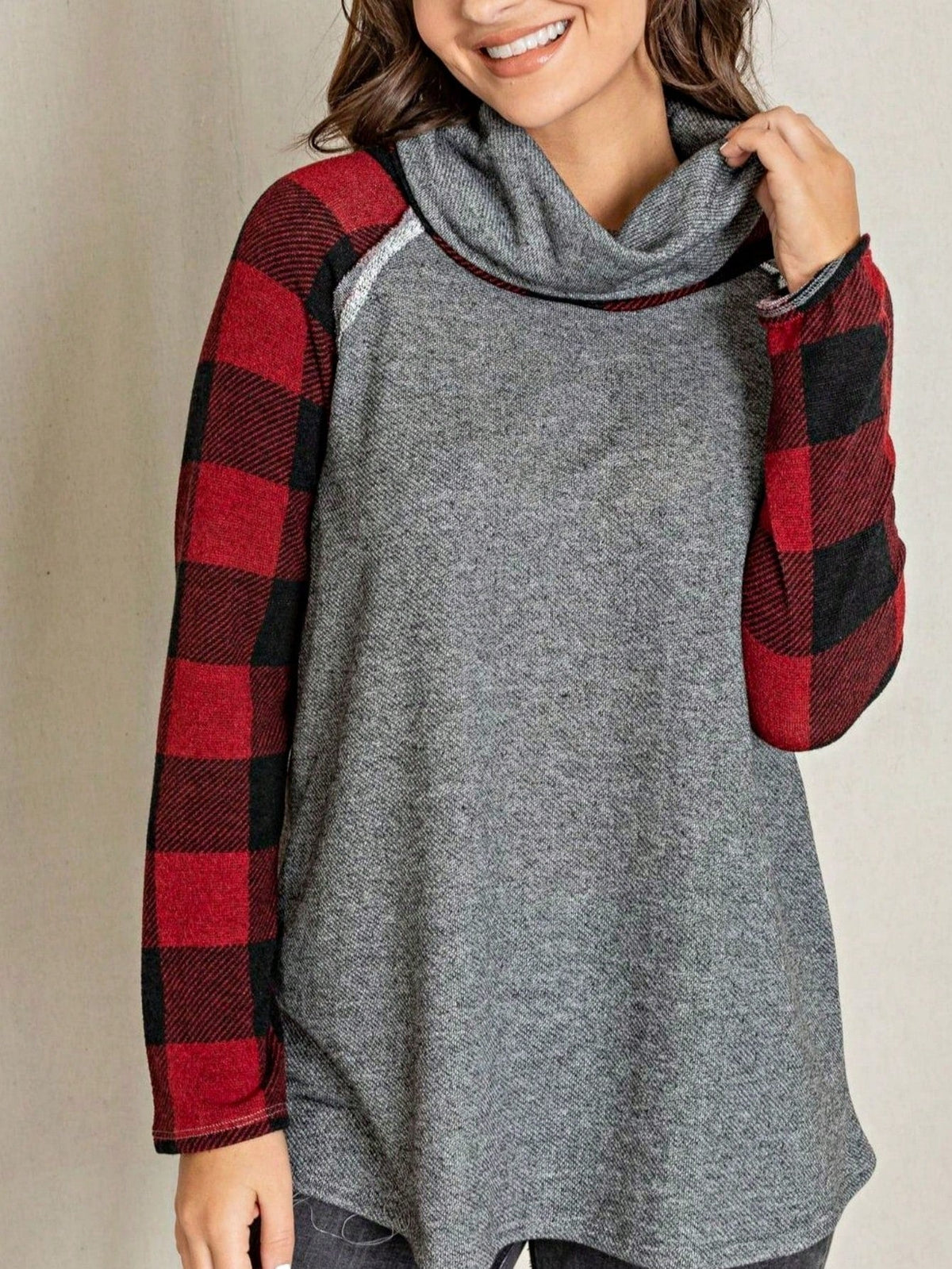 Women's Stylish Long Sleeve Knitted Fabric Top With Plaid Contrast Panel And Drawstring Detail Casual Regular Length Blouse