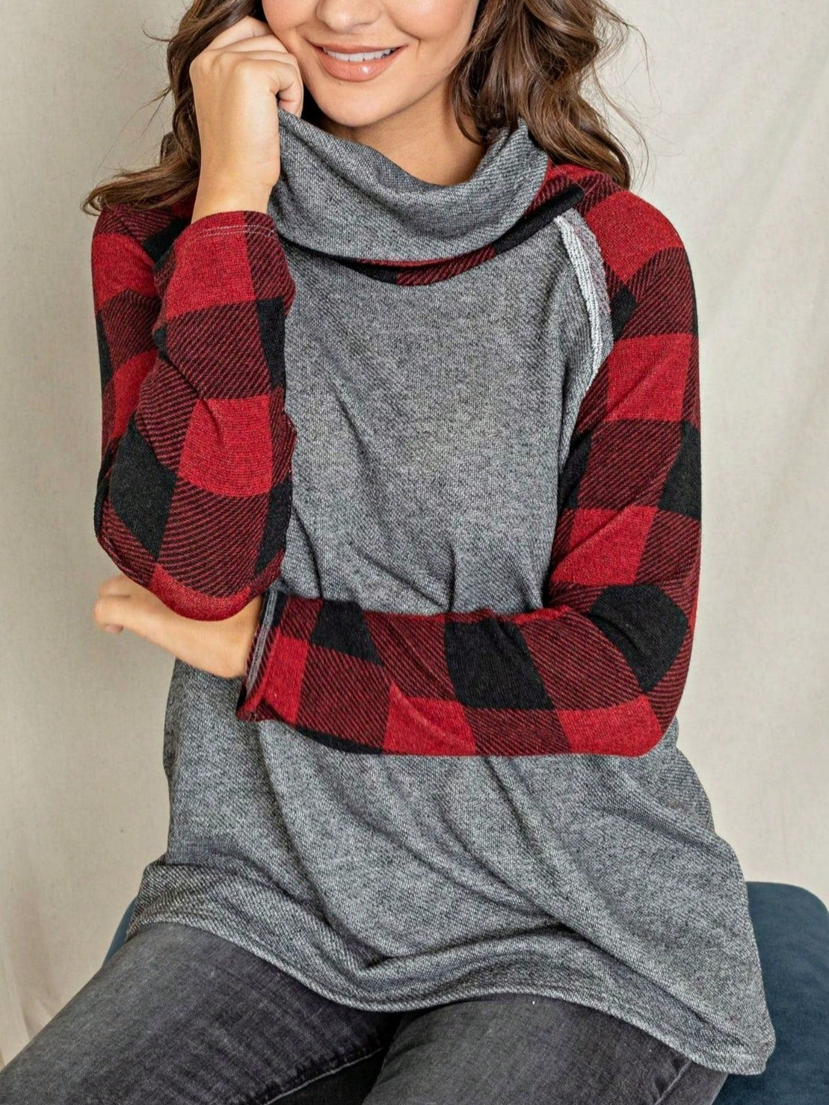 Women's Stylish Long Sleeve Knitted Fabric Top With Plaid Contrast Panel And Drawstring Detail Casual Regular Length Blouse