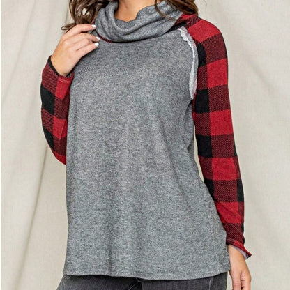 Women's Stylish Long Sleeve Knitted Fabric Top With Plaid Contrast Panel And Drawstring Detail Casual Regular Length Blouse