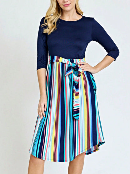 Boho Retro Classic Short Sleeve Contrast  Stripe Green Red Blue Black Midi Dress With Sash  | S-3X