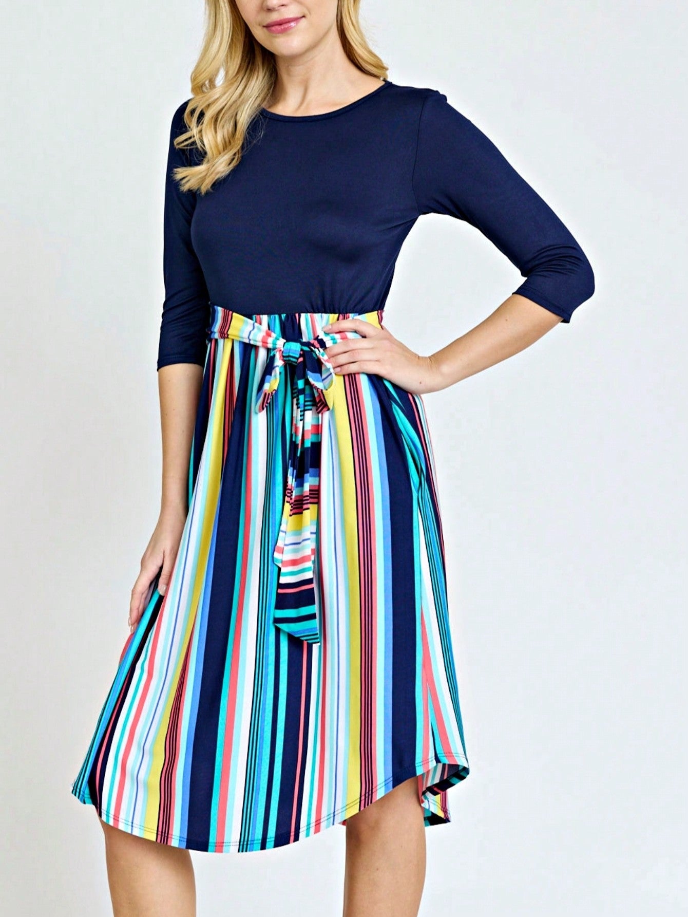 Boho Retro Classic Short Sleeve Contrast  Stripe Green Red Blue Black Midi Dress With Sash  | S-3X