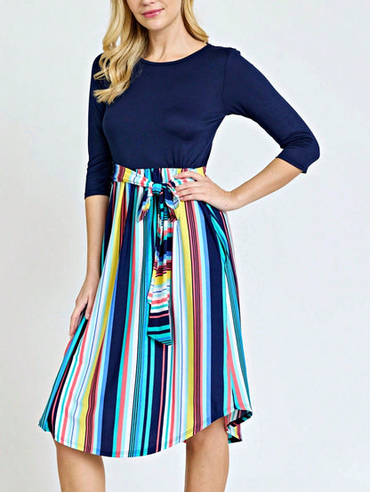 Boho Retro Classic Short Sleeve Contrast  Stripe Green Red Blue Black Midi Dress With Sash  | S-3X