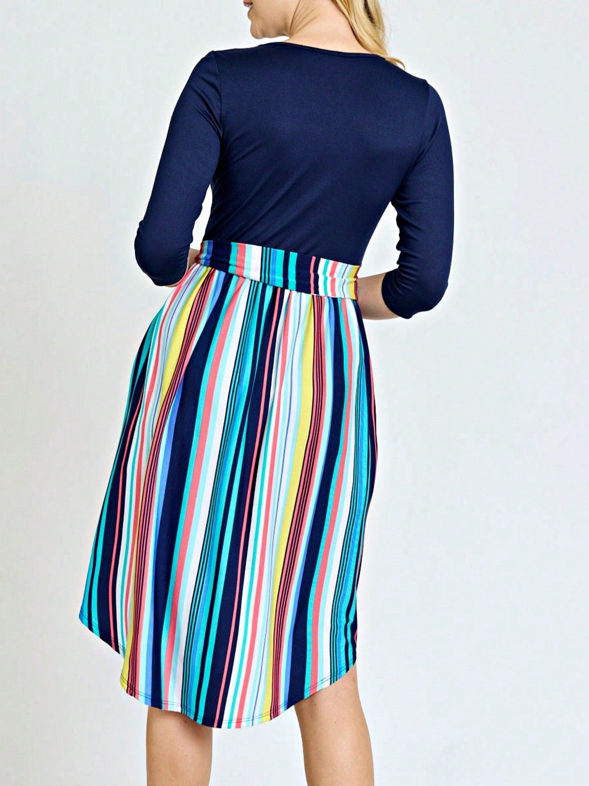 Boho Retro Classic Short Sleeve Contrast  Stripe Green Red Blue Black Midi Dress With Sash  | S-3X