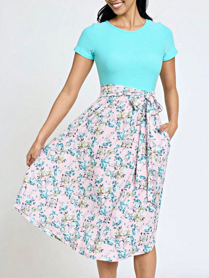 Boho Retro Classic Short Sleeve Contrast  Stripe Green Red Blue Black Midi Dress With Sash  | S-3X