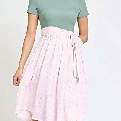 Boho Retro Classic Short Sleeve Contrast  Stripe Green Red Blue Black Midi Dress With Sash  | S-3X