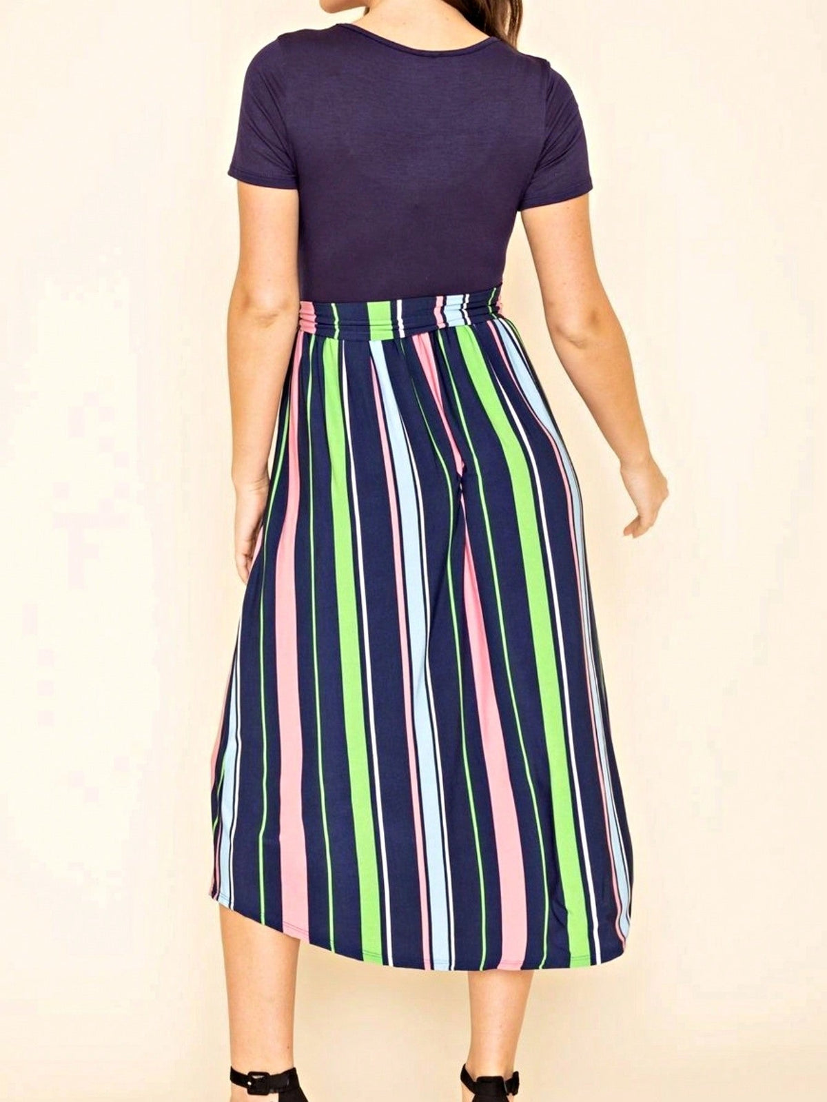 Boho Retro Classic Short Sleeve Contrast  Stripe Green Red Blue Black Midi Dress With Sash  | S-3X