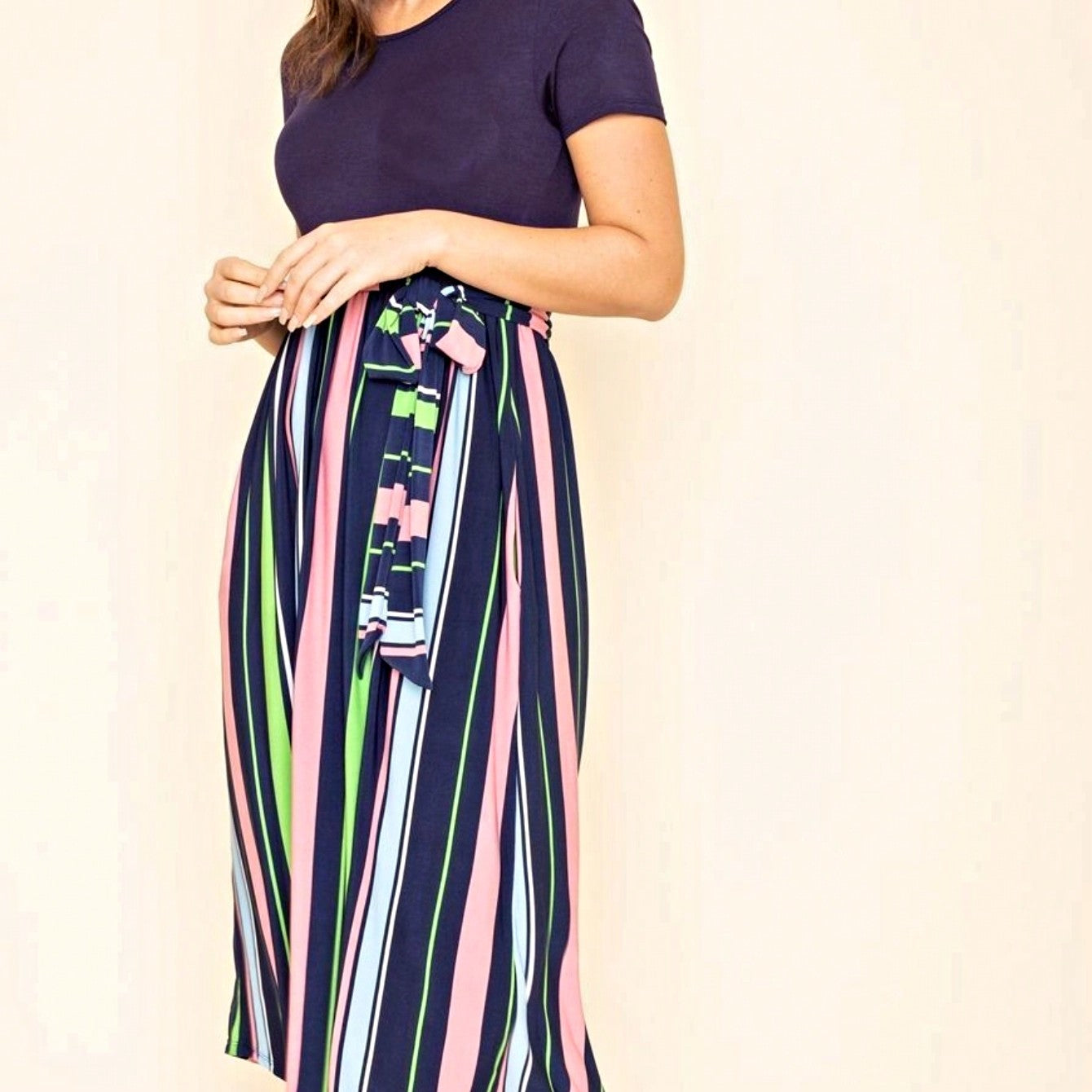 Boho Retro Classic Short Sleeve Contrast  Stripe Green Red Blue Black Midi Dress With Sash  | S-3X