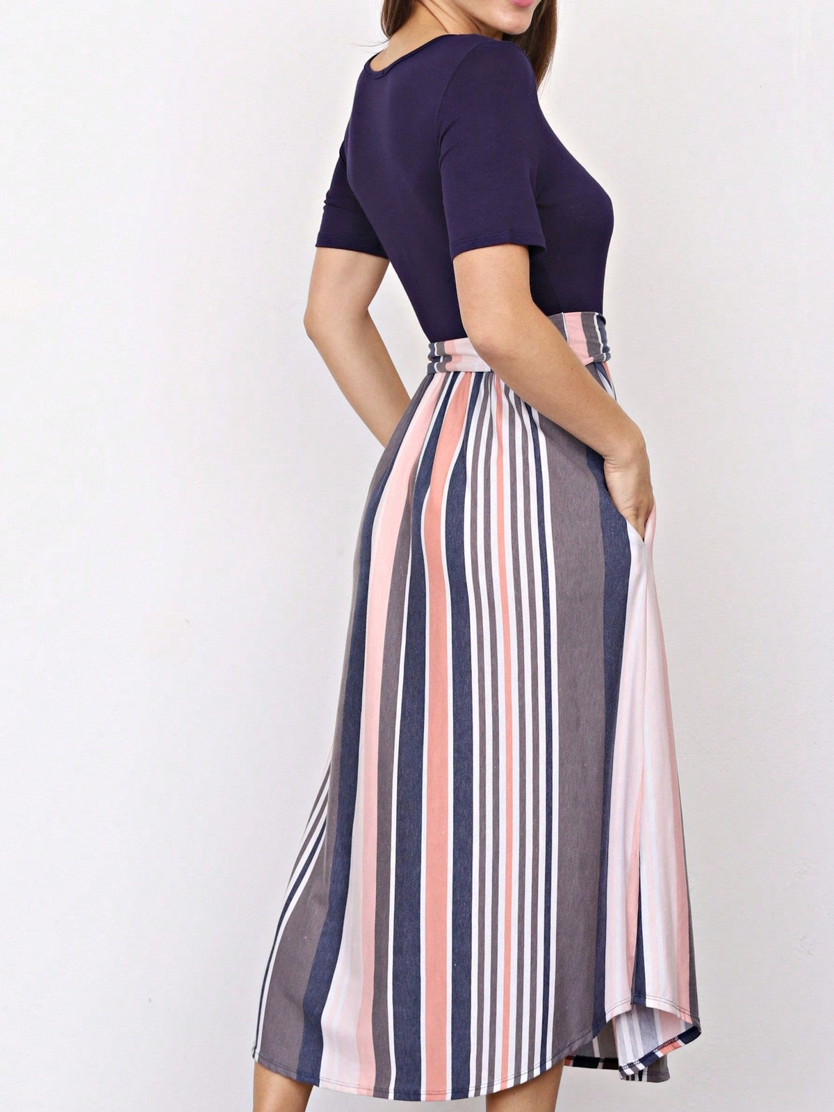 Boho Retro Classic Short Sleeve Contrast  Stripe Green Red Blue Black Midi Dress With Sash  | S-3X