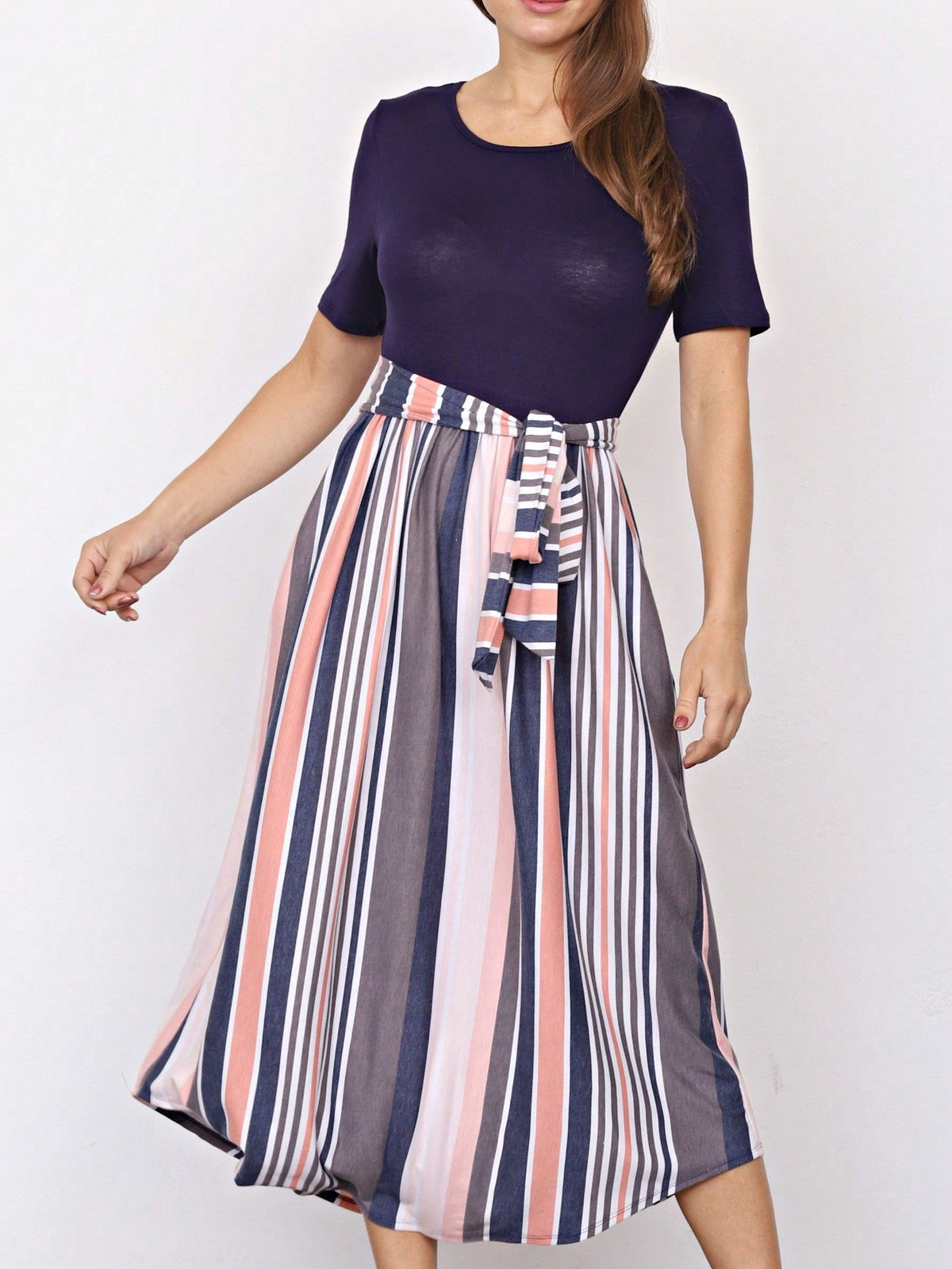 Boho Retro Classic Short Sleeve Contrast  Stripe Green Red Blue Black Midi Dress With Sash  | S-3X