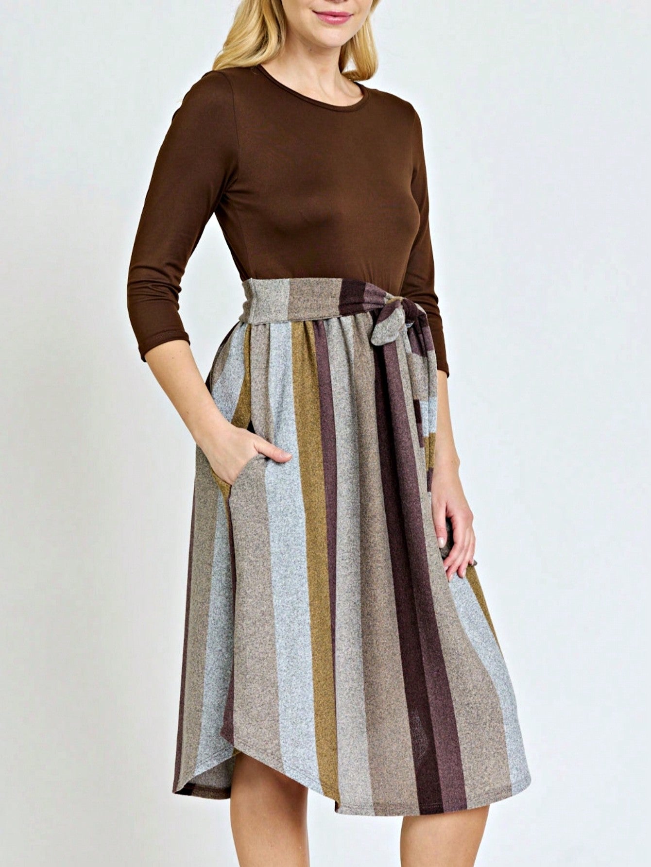 Boho Retro Classic Short Sleeve Contrast  Stripe Green Red Blue Black Midi Dress With Sash  | S-3X