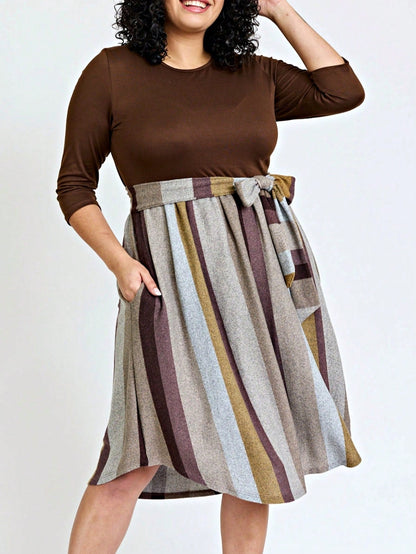 Boho Retro Classic Short Sleeve Contrast  Stripe Green Red Blue Black Midi Dress With Sash  | S-3X