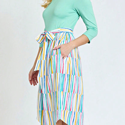 Boho Retro Classic Short Sleeve Contrast  Stripe Green Red Blue Black Midi Dress With Sash  | S-3X