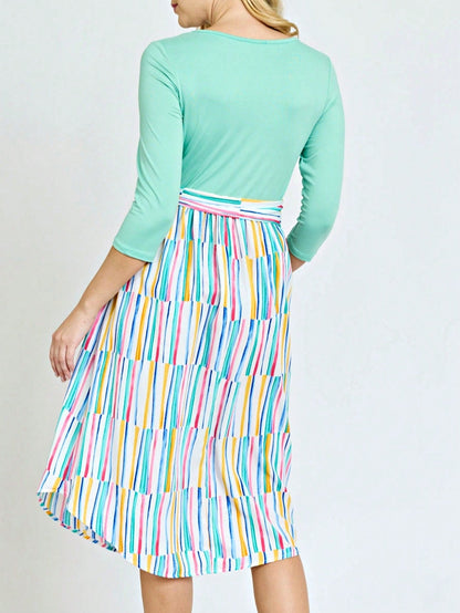 Boho Retro Classic Short Sleeve Contrast  Stripe Green Red Blue Black Midi Dress With Sash  | S-3X