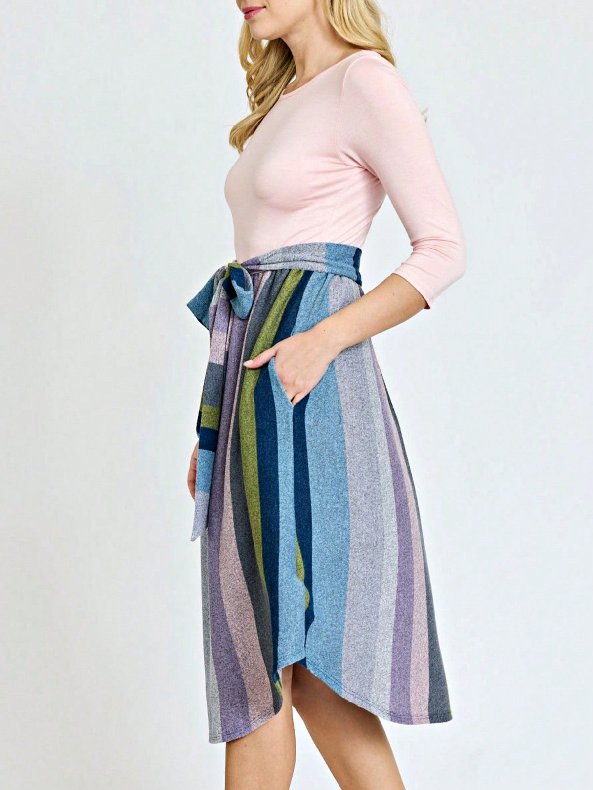 Boho Retro Classic Short Sleeve Contrast  Stripe Green Red Blue Black Midi Dress With Sash  | S-3X