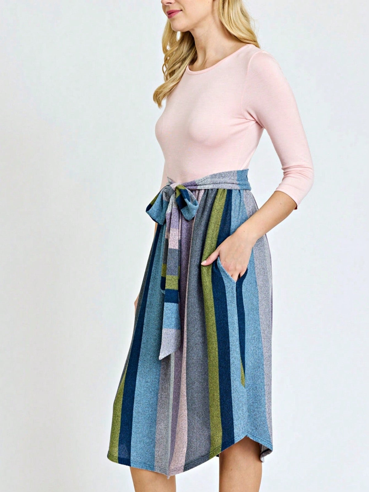 Boho Retro Classic Short Sleeve Contrast  Stripe Green Red Blue Black Midi Dress With Sash  | S-3X