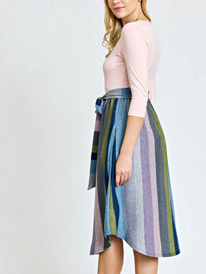Boho Retro Classic Short Sleeve Contrast  Stripe Green Red Blue Black Midi Dress With Sash  | S-3X