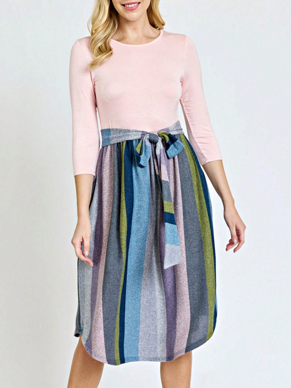 Boho Retro Classic Short Sleeve Contrast  Stripe Green Red Blue Black Midi Dress With Sash  | S-3X