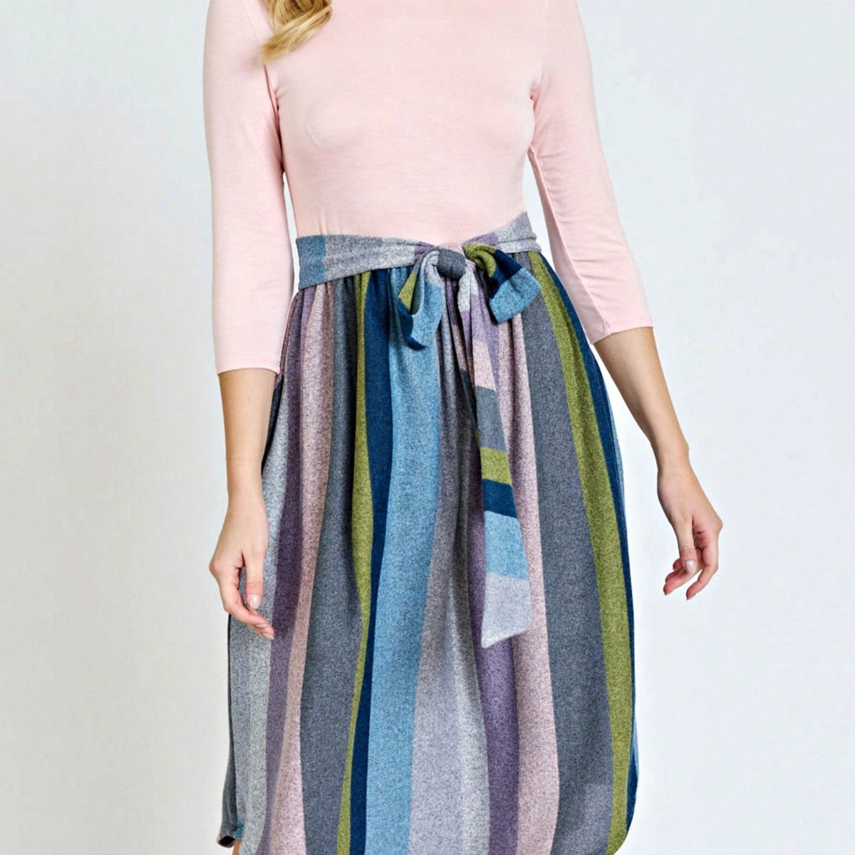 Boho Retro Classic Short Sleeve Contrast  Stripe Green Red Blue Black Midi Dress With Sash  | S-3X