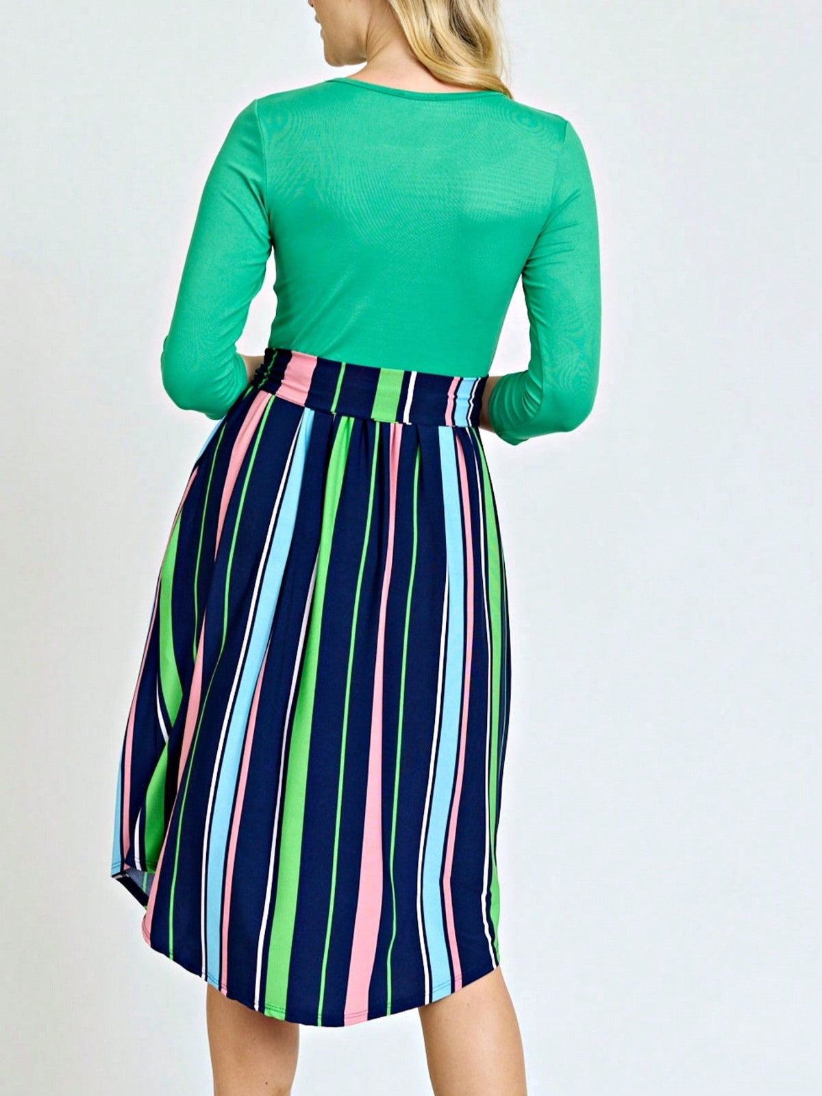 Boho Retro Classic Short Sleeve Contrast  Stripe Green Red Blue Black Midi Dress With Sash  | S-3X