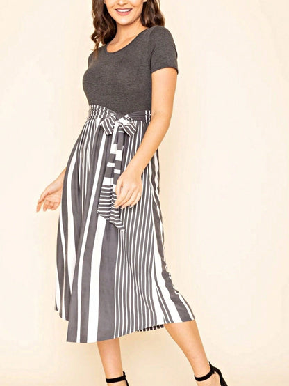 Boho Retro Classic Short Sleeve Contrast  Stripe Green Red Blue Black Midi Dress With Sash  | S-3X