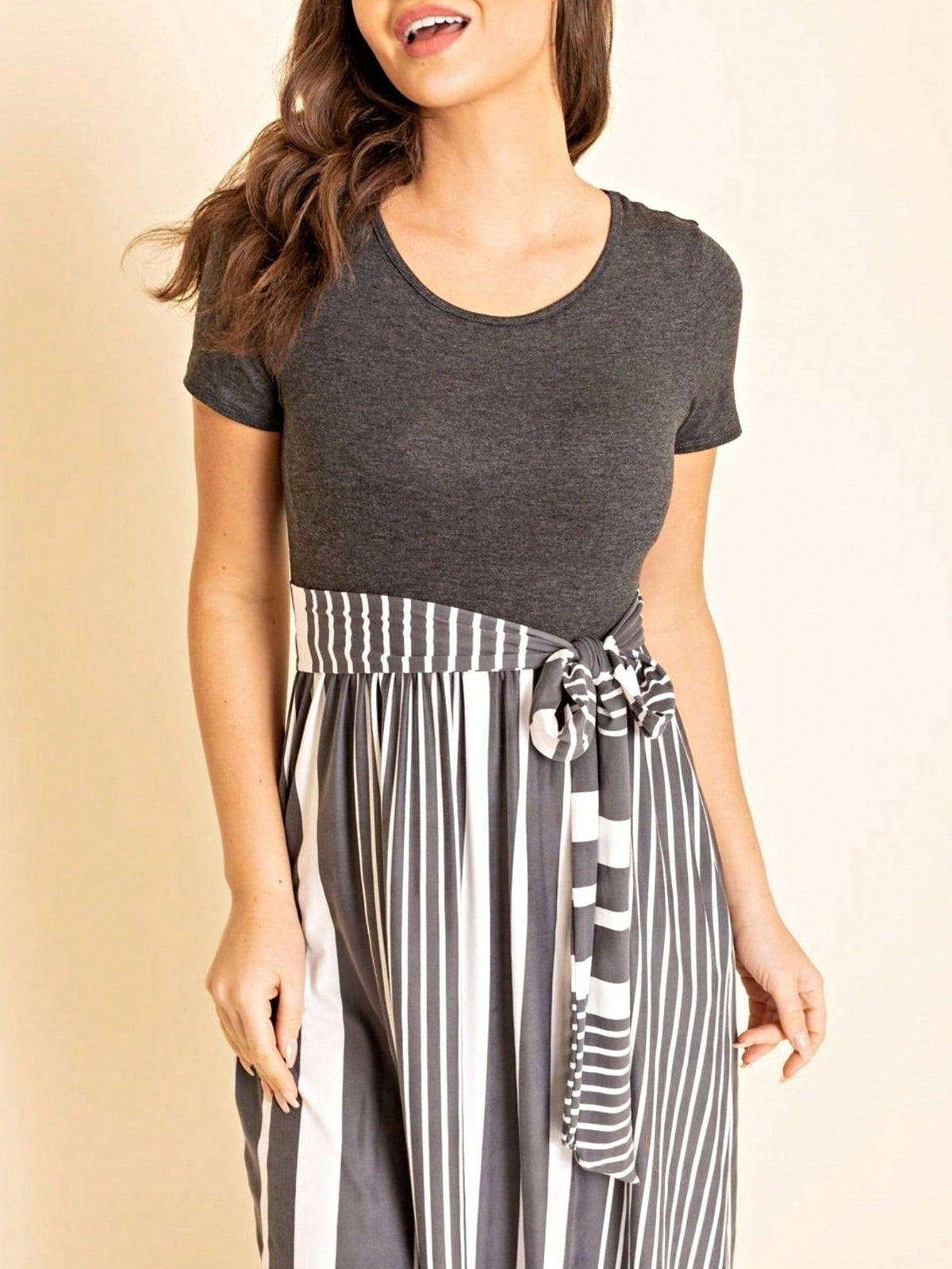 Boho Retro Classic Short Sleeve Contrast  Stripe Green Red Blue Black Midi Dress With Sash  | S-3X