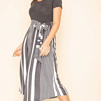 Boho Retro Classic Short Sleeve Contrast  Stripe Green Red Blue Black Midi Dress With Sash  | S-3X