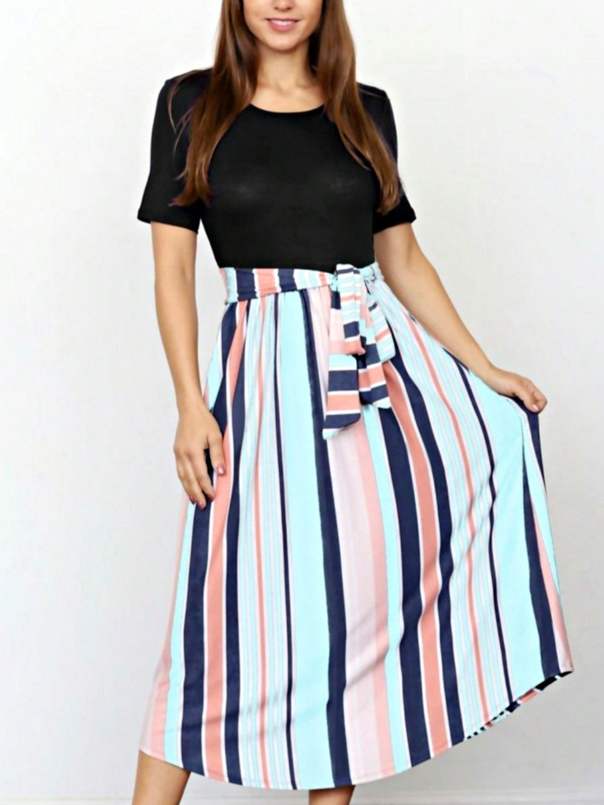 Boho Retro Classic Short Sleeve Contrast  Stripe Green Red Blue Black Midi Dress With Sash  | S-3X