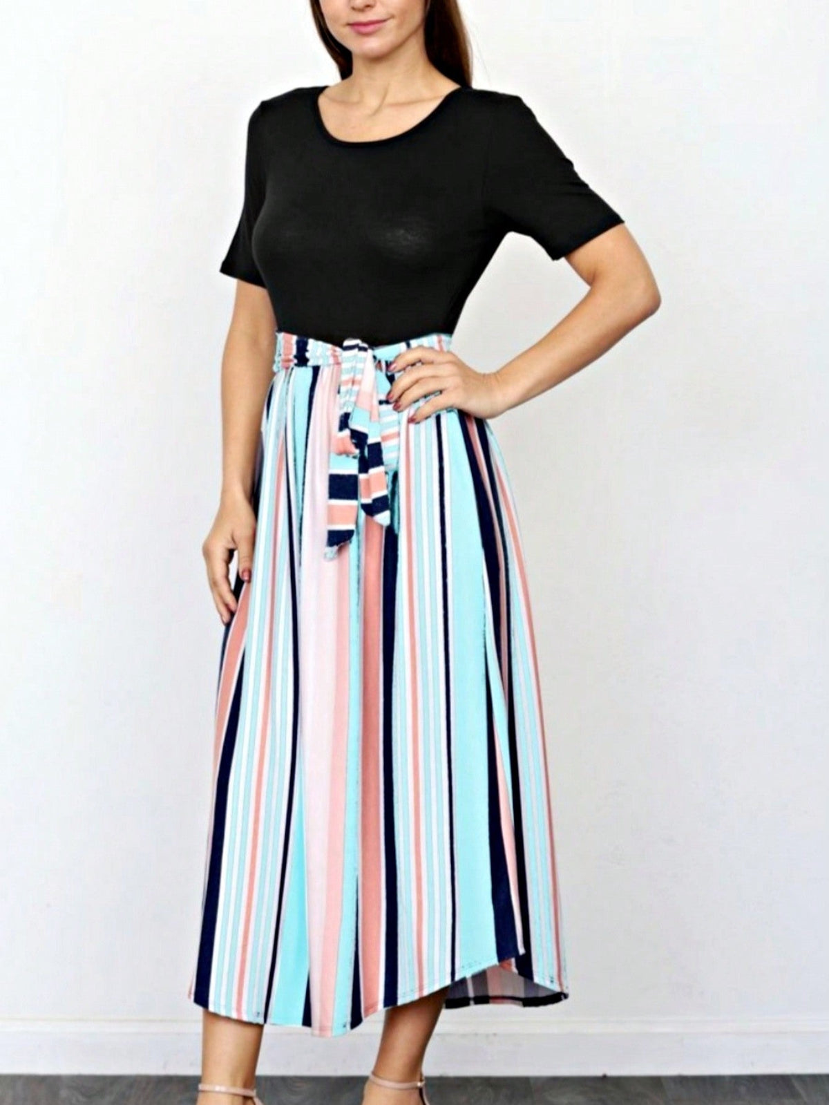 Boho Retro Classic Short Sleeve Contrast  Stripe Green Red Blue Black Midi Dress With Sash  | S-3X