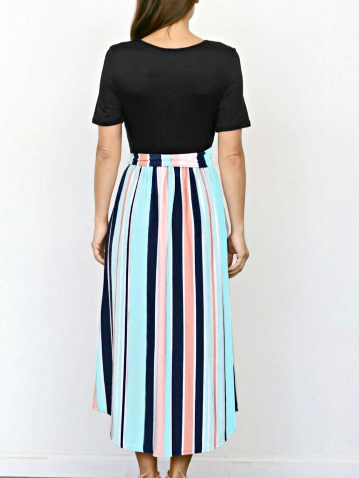 Boho Retro Classic Short Sleeve Contrast  Stripe Green Red Blue Black Midi Dress With Sash  | S-3X