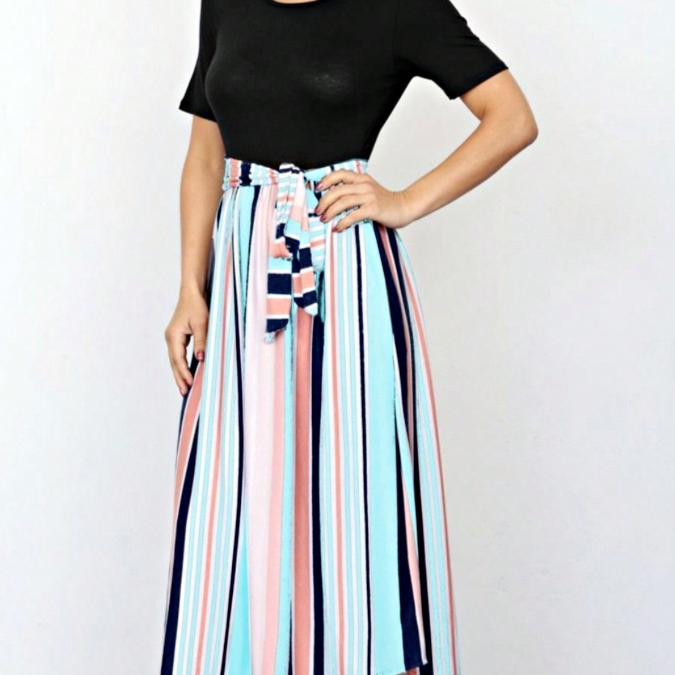 Boho Retro Classic Short Sleeve Contrast  Stripe Green Red Blue Black Midi Dress With Sash  | S-3X