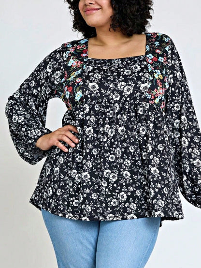 Boho Retro 90's Vintage Ditsy Floral V Neck Empire Waist  Bubble Puff Long Sleeve Tunic Top