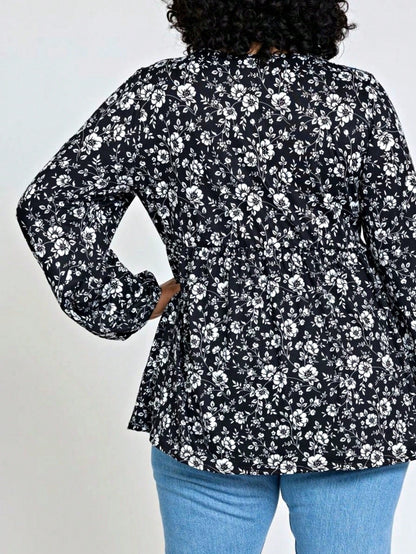 Boho Retro 90's Vintage Ditsy Floral V Neck Empire Waist  Bubble Puff Long Sleeve Tunic Top