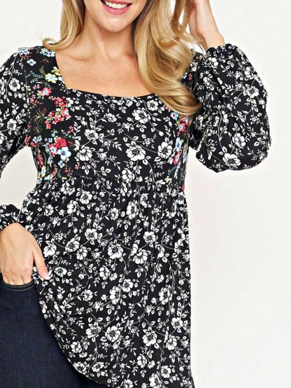 Boho Retro 90's Vintage Ditsy Floral V Neck Empire Waist  Bubble Puff Long Sleeve Tunic Top