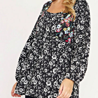 Boho Retro 90's Vintage Ditsy Floral V Neck Empire Waist  Bubble Puff Long Sleeve Tunic Top