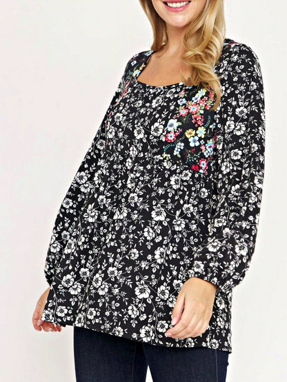 Boho Retro 90's Vintage Ditsy Floral V Neck Empire Waist  Bubble Puff Long Sleeve Tunic Top