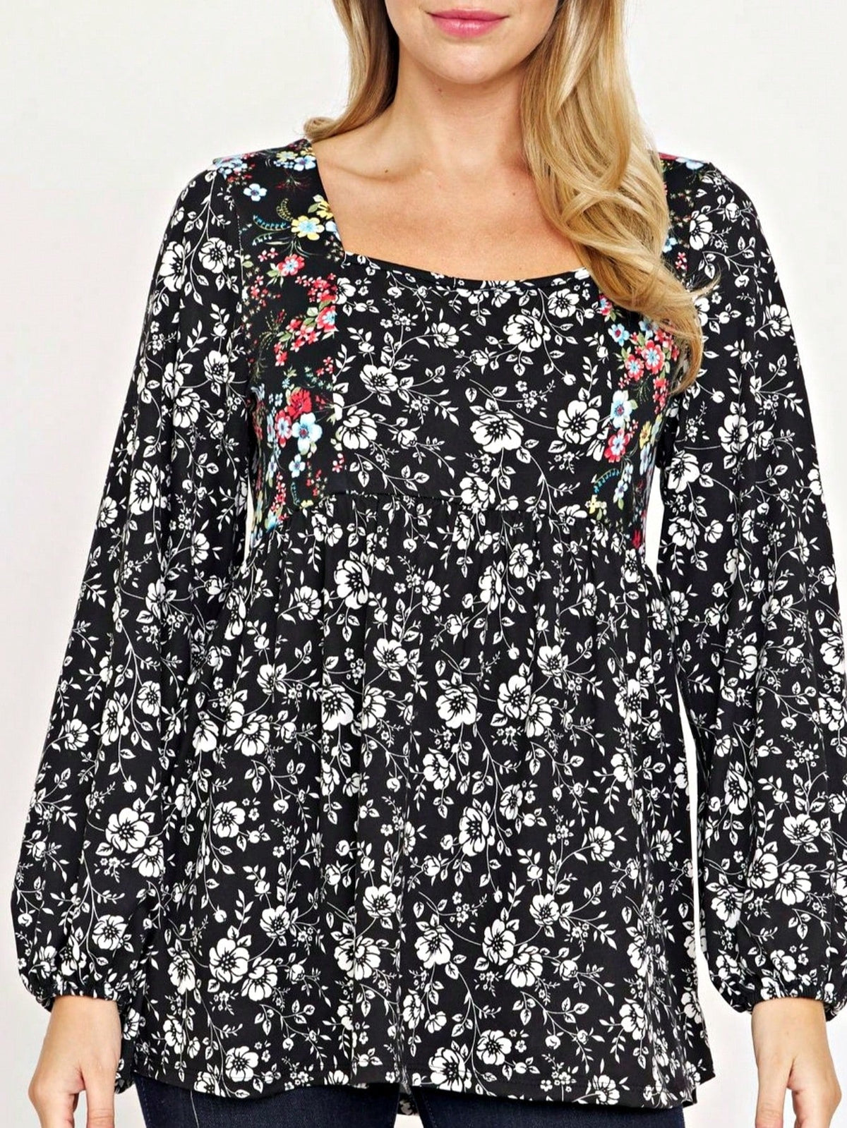 Boho Retro 90's Vintage Ditsy Floral V Neck Empire Waist  Bubble Puff Long Sleeve Tunic Top