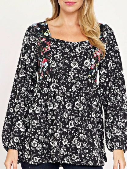 Boho Retro 90's Vintage Ditsy Floral V Neck Empire Waist  Bubble Puff Long Sleeve Tunic Top