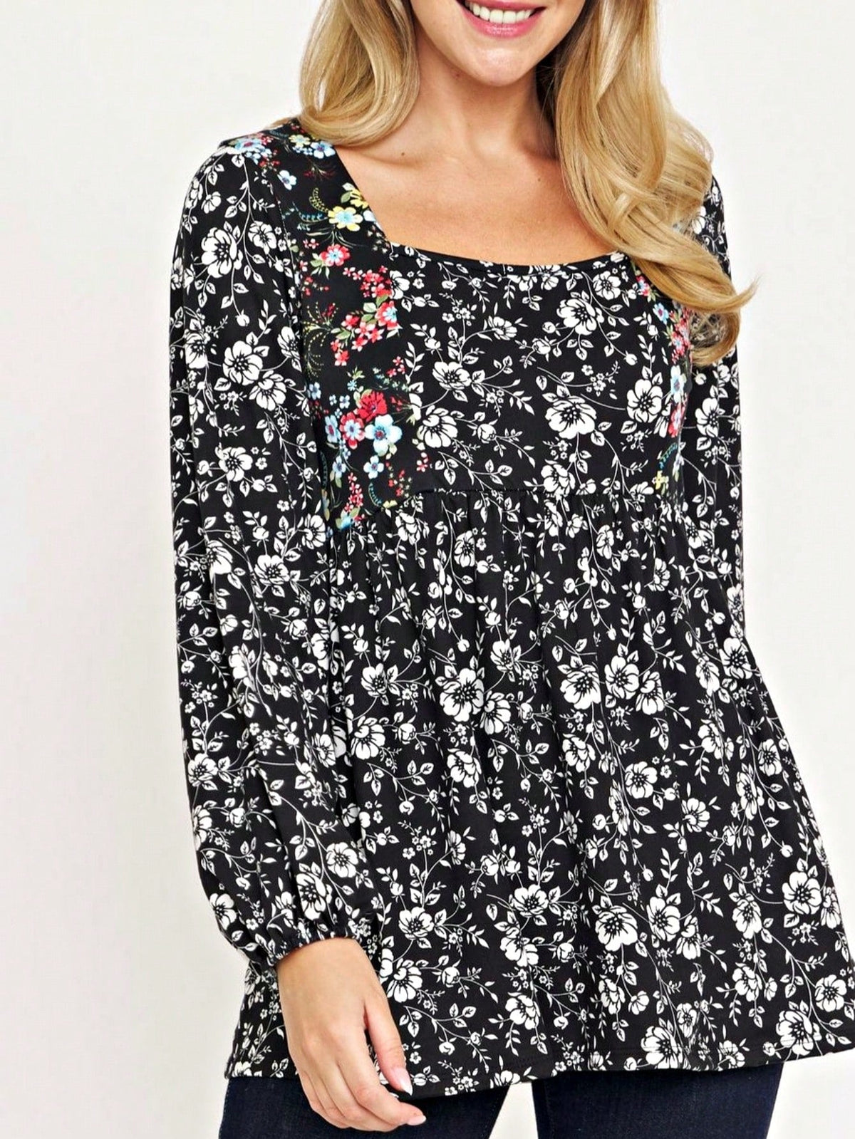 Boho Retro 90's Vintage Ditsy Floral V Neck Empire Waist  Bubble Puff Long Sleeve Tunic Top