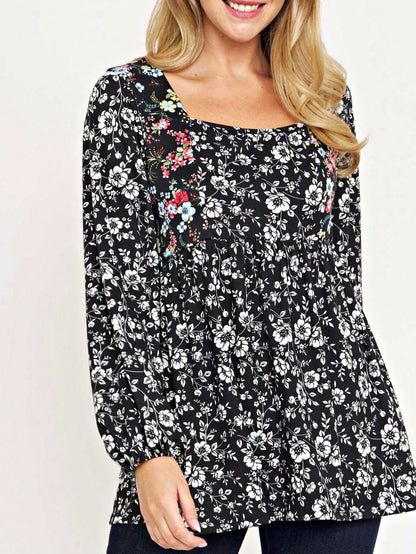 Boho Retro 90's Vintage Ditsy Floral V Neck Empire Waist  Bubble Puff Long Sleeve Tunic Top