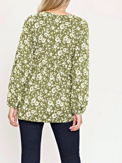 Boho Retro 90's Vintage Ditsy Floral V Neck Empire Waist  Bubble Puff Long Sleeve Tunic Top