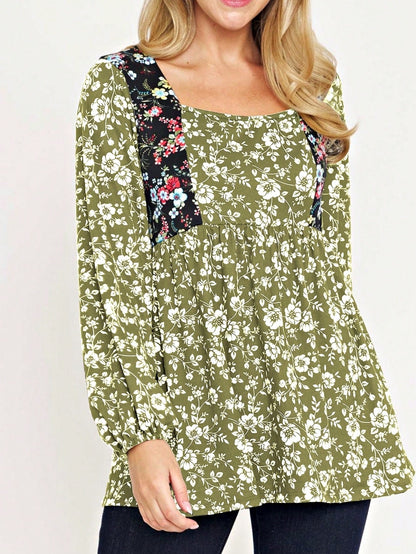 Boho Retro 90's Vintage Ditsy Floral V Neck Empire Waist  Bubble Puff Long Sleeve Tunic Top