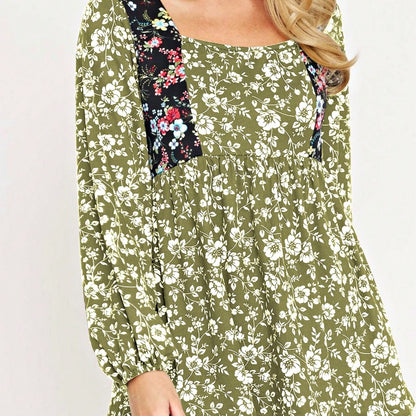 Boho Retro 90's Vintage Ditsy Floral V Neck Empire Waist  Bubble Puff Long Sleeve Tunic Top