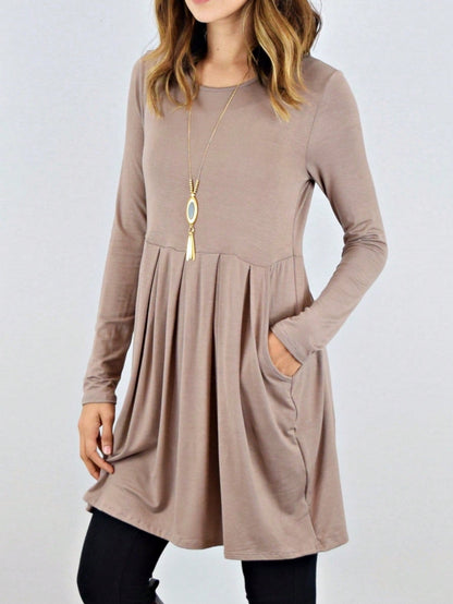 Boho Retro Rayon Cool Soft Summer Cuff Short Sleeve Crew Neck T Shirt Mini Dress Tunic With Pockets