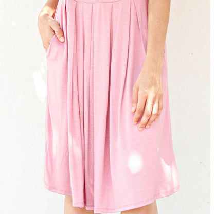 Boho Retro Rayon Cool Soft Summer Cuff Short Sleeve Crew Neck T Shirt Mini Dress Tunic With Pockets