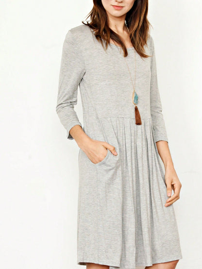 Boho Retro Rayon Cool Soft Summer Cuff Short Sleeve Crew Neck T Shirt Mini Dress Tunic With Pockets