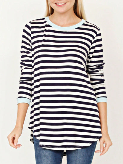 Boho Retro Knot Twisted Front Floral Stripe Knit  Top Blouse Shirt Pullover With Front Pocket