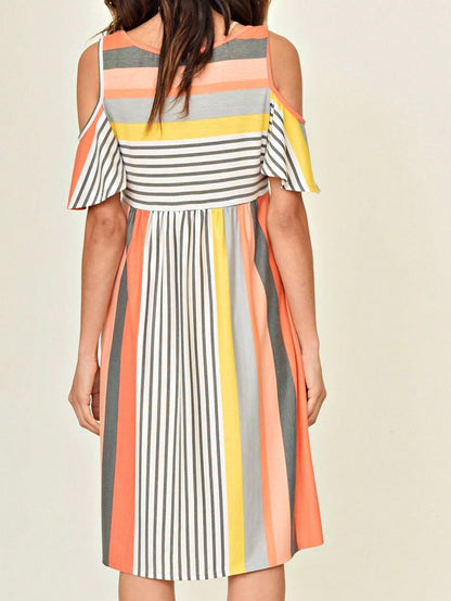 Boho Retro  Solid Stripe Ruffle Layered Sleeve Rayon  Tunic Mini Dress Flounce Sleeve